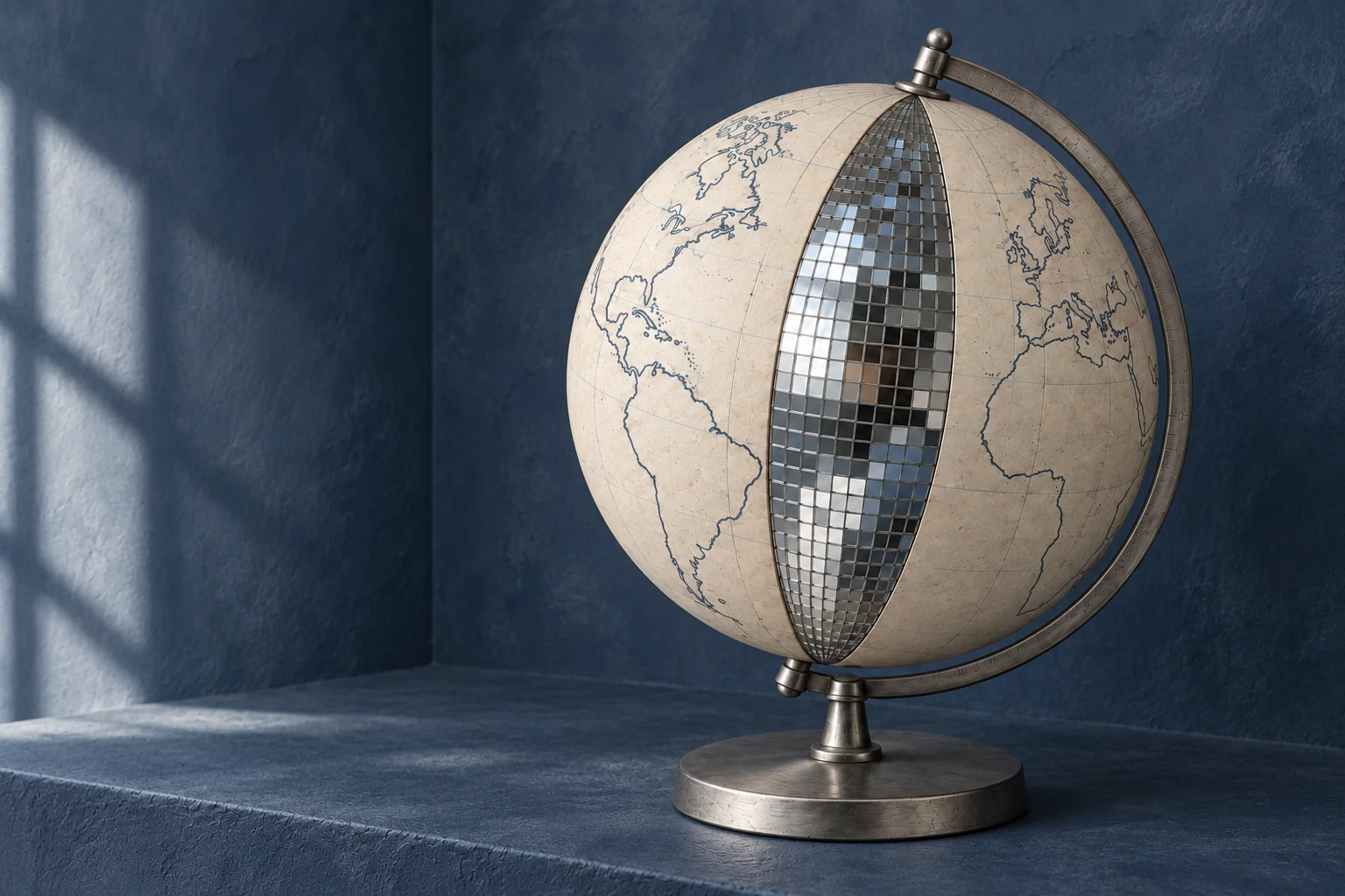 Disco Globe: a mapped terrestrial globe with a broad opening of mirrored tiles running from pole to pole.